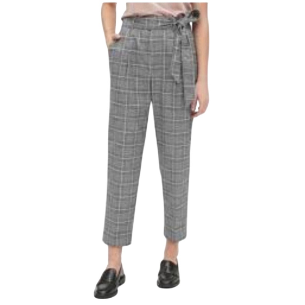 Gap women cropped plaid belted tie front office work pants trousers black gray 8